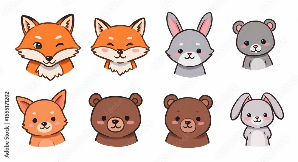 Cute Cartoon Animal Faces Set with Fox Rabbit Bear and Dog in Bright Colors Cute Cartoon Animal Faces Set with Fox Rabbit Bear and Dog in Bright Colors