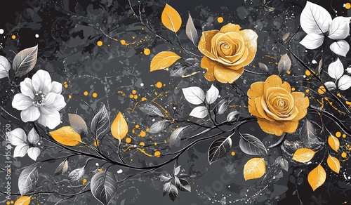 Floral pattern with yellow and white roses, grey background