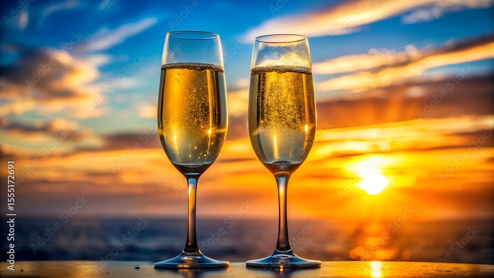 Two champagne flutes filled with bubbly liquid against a vibrant sunset over the ocean Two champagne flutes filled with bubbly liquid against a vibrant sunset over the ocean