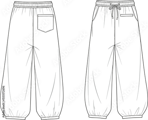 Women's Fashion Elastic Waistband Trousers Technical Drawing Flat Sketch Apparel Design Template for Casual Wear Comfort Lounge Pants with Pockets and Drawstring
