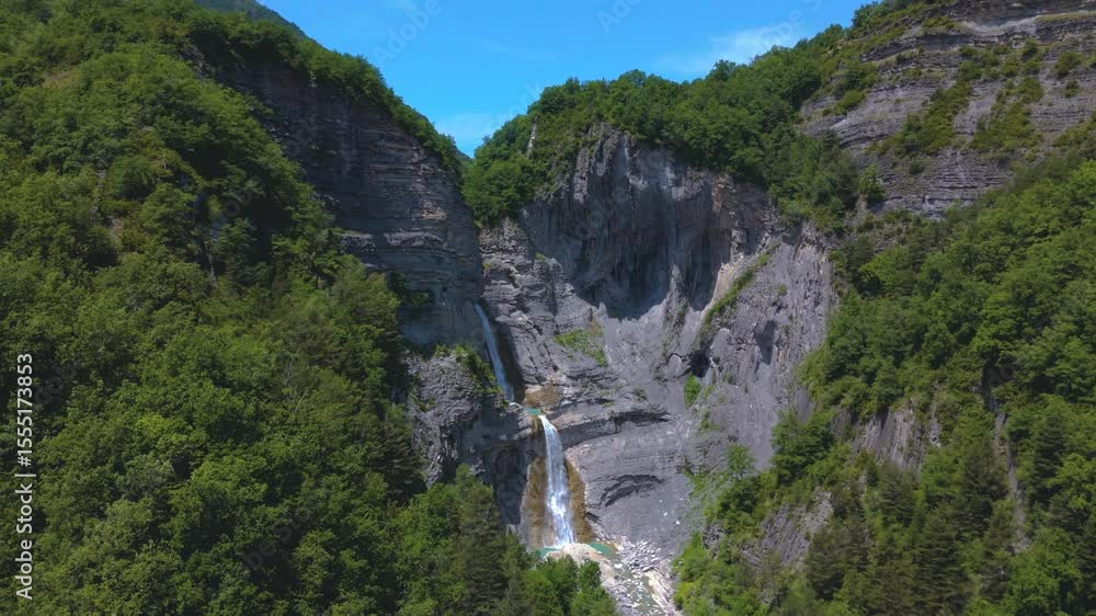 Aerial view of the Sorrosal waterfall, Broto, Huesca province, Aragon, Spain Aerial view of the Sorrosal waterfall, Broto, Huesca province, Aragon, Spain