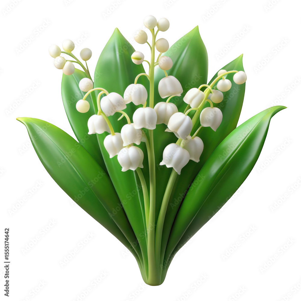 Obraz premium A delicate bouquet of white lily of the valley flowers with green leaves isolated on transparent background