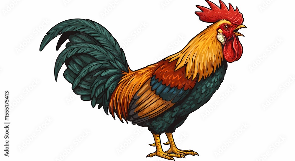 Fototapeta premium Colorful Rooster Illustration Bright Red Comb and Vibrant Feathers on White Background