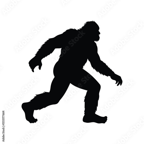 Silhouette of Bigfoot Sasquatch walking or running on white background
