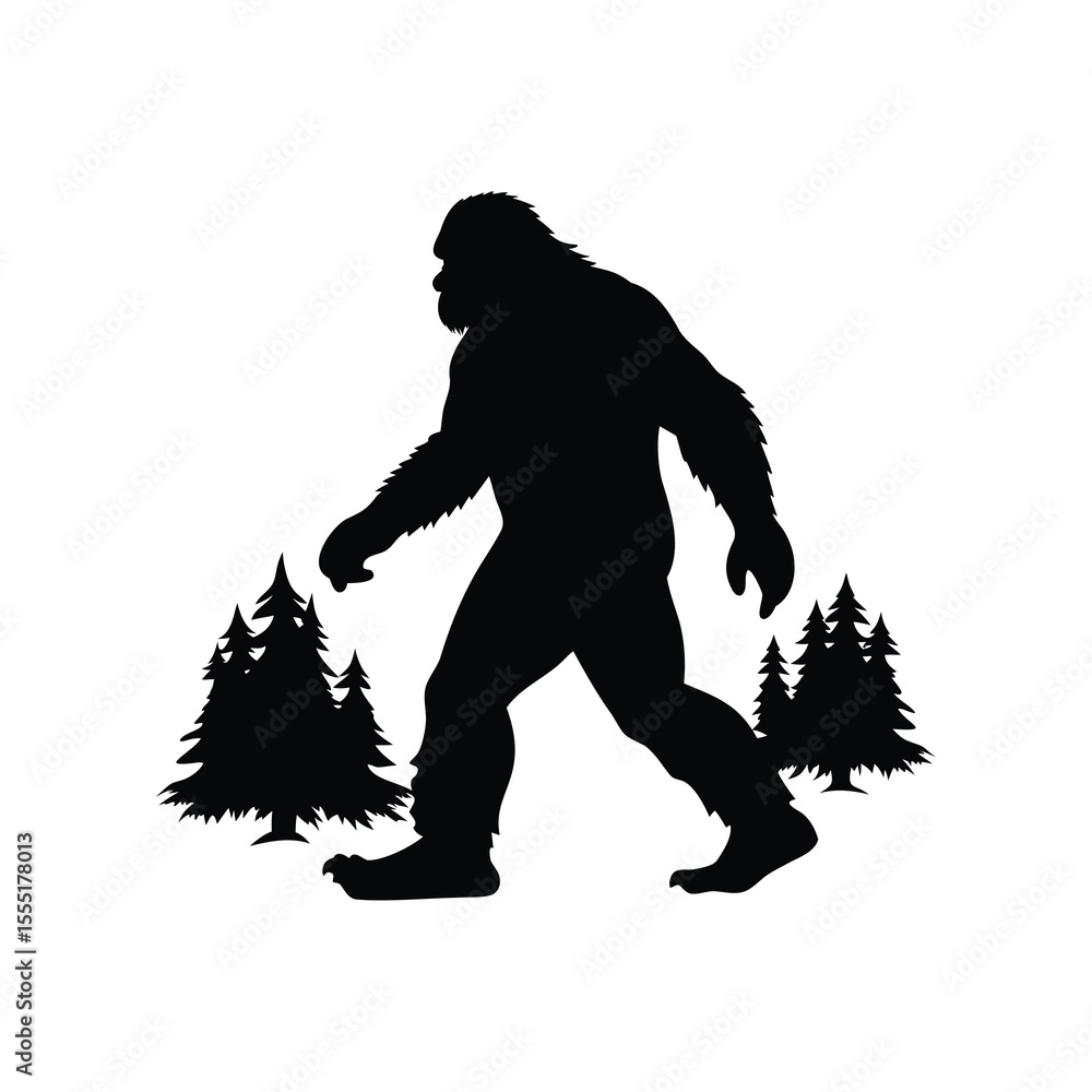 Fototapeta premium Silhouette of Bigfoot walking through the forest amongst the pine trees
