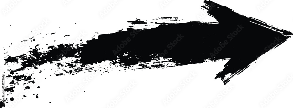 Obraz premium Black arrow painted with splashes isolated on white background. Black arrow marker isolated with a hand-drawn effect on a white background. 