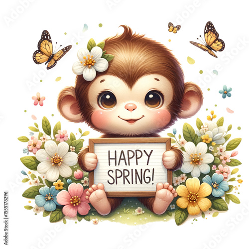 Springtime's Playful Greeting: A charming monkey character, surrounded by vibrant flowers and fluttering butterflies, joyfully announces the arrival of spring.