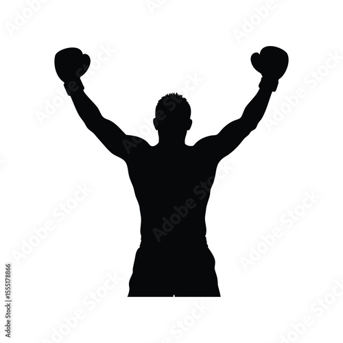 Silhouette of a victorious boxer raising his arms in triumph after winning