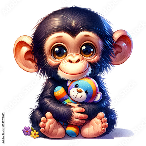 Cute Chimpanzee with Plush Toy: A charming chimpanzee with big, expressive eyes tenderly cradles a colorful plush toy, creating a heartwarming scene of cuddly companionship.