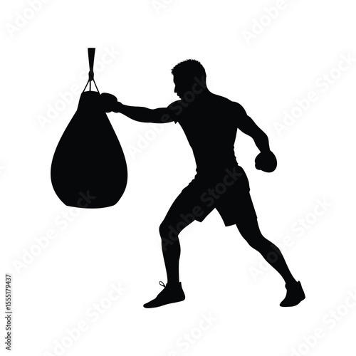 Silhouette of a boxer punching a heavy bag during training session