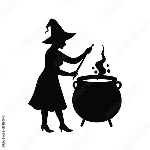 Witch stirring bubbling cauldron vector silhouette