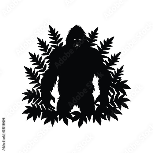 Silhouette of a Bigfoot Sasquatch Cryptid Surrounded by Leaves on White Background