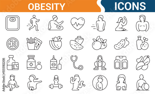 Icons of unhealthy food, exercise, and lifestyle choices related to obesity for health education and awareness.