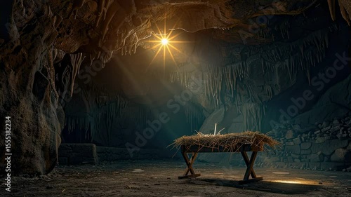 Nativity scene in a cave with straw manger and star light, dramatic lighting