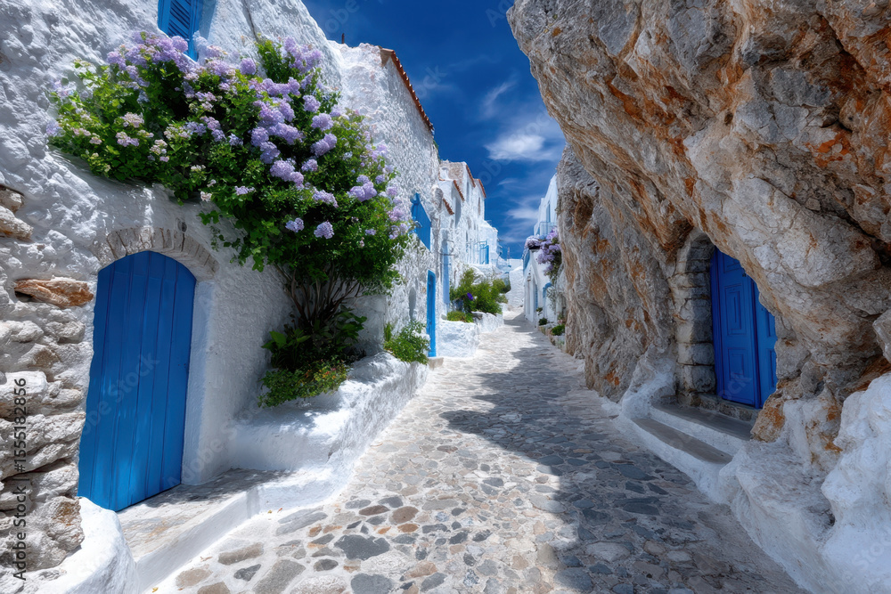 Naklejka premium Charming narrow street with blue doors and vibrant flowers in a Greek village