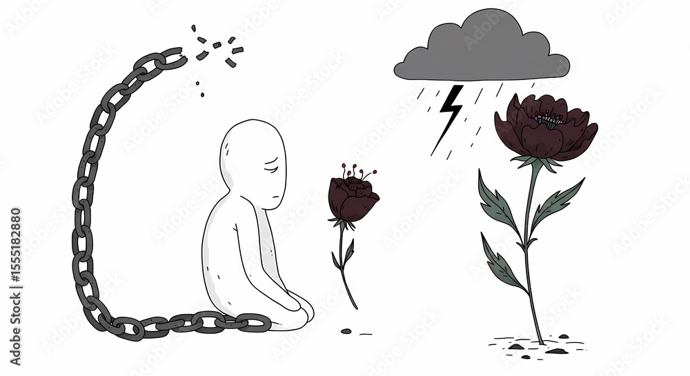 Fototapeta premium Minimalist Illustration of Sad Person with Broken Chain and Growing Dark Flowers Under Stormy Cloud