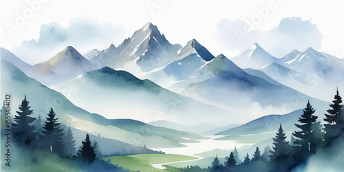 Morning light bathes a snow-capped alpine mountain range, its peaks touching the cloudy sky above a serene valley forest