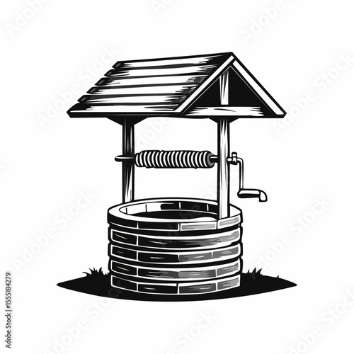 Wooden Water Well Black White Vector Image Isolated on white Background.