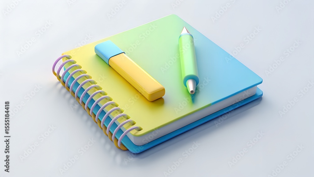 Modern 3d rendering of a colorful notebook with a pen and highlighter on a light background Modern 3d rendering of a colorful notebook with a pen and highlighter on a light background
