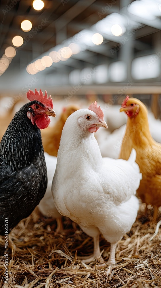 Fototapeta premium Two chickens exhibit serious expressions while surrounded by others in a well-lit farm area, highlighting their unique personalities