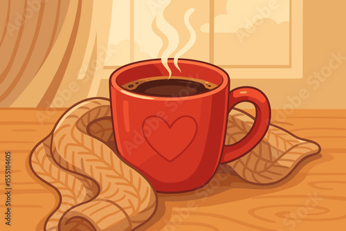 Warm cozy morning scene with steaming black coffee in red heart mug wrapped in knitted scarf, comfort, love, relaxation, home interior, vector cartoon illustration