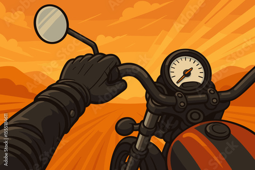 Biker's Hand Gripping Motorcycle Handlebar, Ready for Thrilling Adventure Ride. Vector Cartoon Illustration of Road Trip, Freedom, and Open Road Journey.