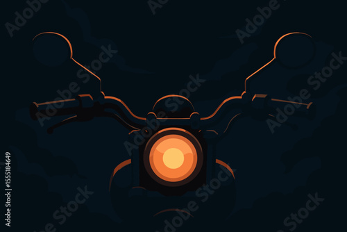 Motorcycle headlight glowing in the dark. Classic chopper front view at night. Vector illustration for biker, road trip, and freedom concepts. Retro motorbike handlebars.