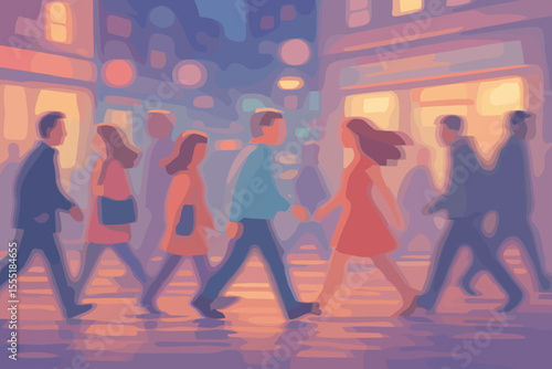 Dynamic blurred motion of diverse people walking on a vibrant city street at night, illuminated by soft pastel hues. Modern vector cartoon illustration depicting urban crowd movement.