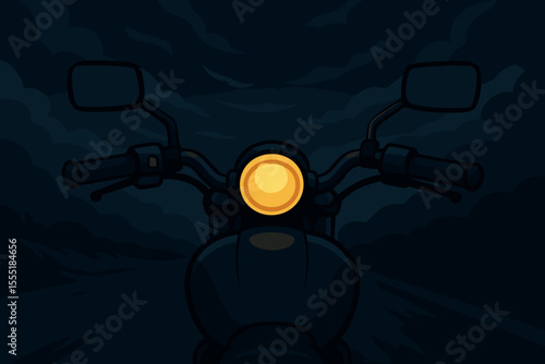 Motorcycle driving at night from a first person view. Biker's perspective over the handlebars with a glowing headlight on a dark road. Concept of adventure, freedom, and journey.