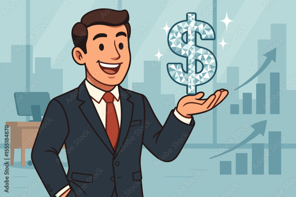 Happy businessman holding sparkling diamond dollar sign, symbolizing wealth, financial success, prosperity, and monetary growth in corporate business environment. Vector illustration. Happy businessman holding sparkling diamond dollar sign, symbolizing wealth, financial success, prosperity, and monetary growth in corporate business environment. Vector illustration.
