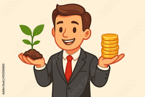 Happy businessman cartoon holding green seedling plant and gold coins symbolizing financial investment, growth, revenue, saving, and wealth creation for business success.