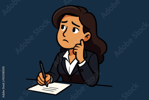 Businesswoman with a pensive expression writing on paper. Thoughtful female employee contemplating a difficult decision or problem. Worried professional in office. Vector cartoon.