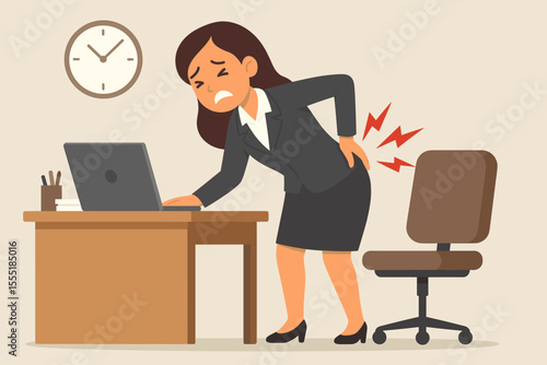 Businesswoman with Back Pain at Office Desk, Poor Posture, Workplace Injury, Female Employee Suffering Discomfort, Ergonomics Problem, Health Risk, Cartoon Vector Illustration, Occupational Hazard