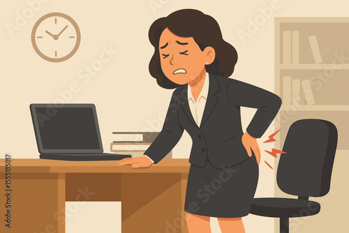 Businesswoman suffering back pain at office desk. Female employee with backache from prolonged sitting. Workplace health, ergonomic injury, spinal discomfort, occupational hazard, vector illustration