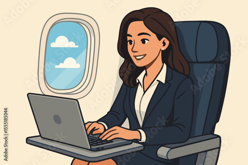 Professional businesswoman working on laptop during airplane flight, remote work travel concept, productivity in transit, modern corporate lifestyle, vector cartoon illustration, in-flight office