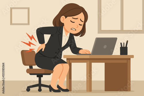 Businesswoman experiencing back pain at office desk. Female employee with lower backache from poor posture, sitting in chair, working on laptop. Workplace health problem, ergonomic injury concept.