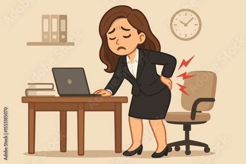 Businesswoman suffering from back pain at office desk. Female employee with lower backache after long sitting. Workplace health problem. Ergonomic issue. Office syndrome. Vector cartoon illustration.