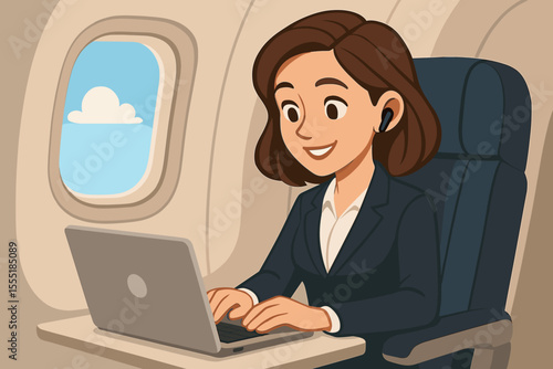 Businesswoman working remotely on laptop during airplane flight, in-flight productivity, business travel, wireless connectivity, professional woman using technology, vector cartoon illustration