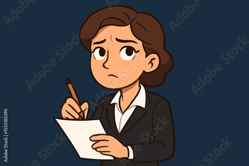 Stressed businesswoman with a pensive expression writing notes. Worried female professional, manager or employee thinking about a problem. Concept of anxiety, planning, work pressure.