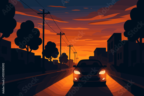 Car driving down suburban street at dusk with headlights on, silhouetted trees, power lines, houses, warm orange sunset sky, glowing road, urban evening scene, vector illustration