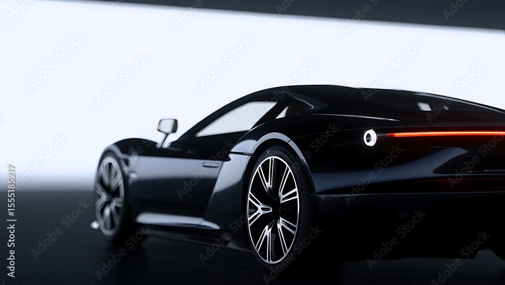 Fototapeta premium Sleek black sports car rear view illuminated with led lights and futuristic design