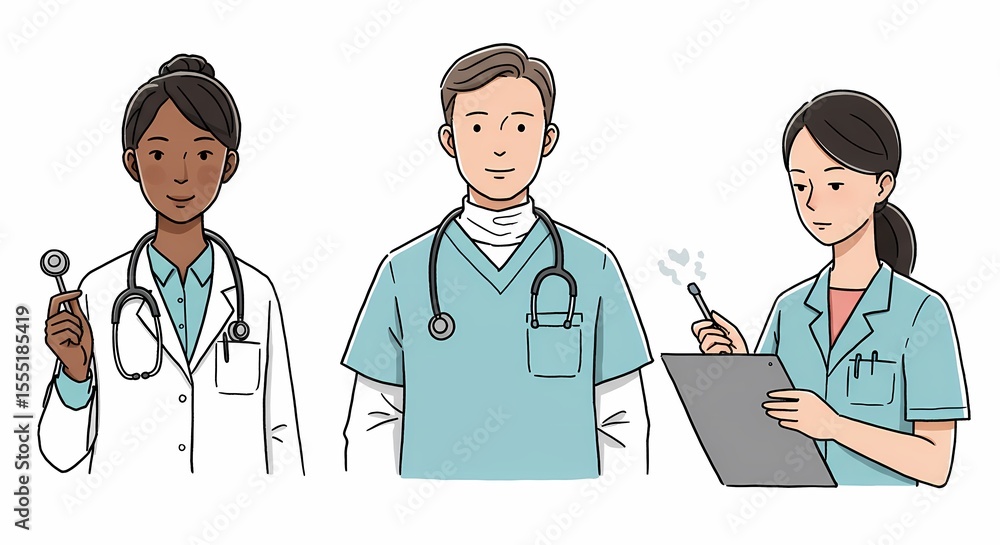 Group of Diverse Medical Professionals Wearing Uniforms and Stethoscopes in Clinic Setting Group of Diverse Medical Professionals Wearing Uniforms and Stethoscopes in Clinic Setting