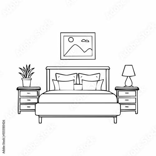 Bedroom Interior With Bed Nightstand And Lamp Image Vector isolated on white background.