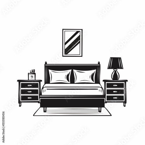 Bedroom Interior With Bed Nightstand And Lamp Image Vector isolated on white background.