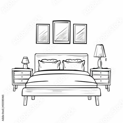 Bedroom Interior With Bed Nightstand And Lamp Image Vector isolated on white background.