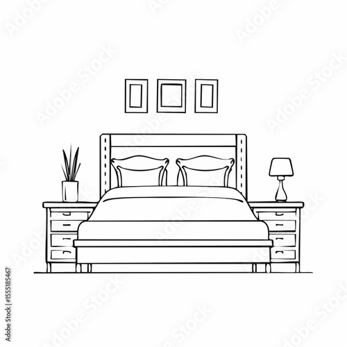 Bedroom Interior With Bed Nightstand And Lamp Image Vector isolated on white background.
