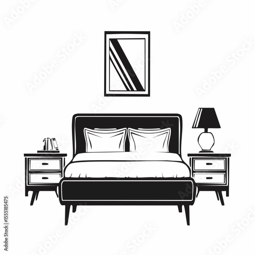 Bedroom Interior With Bed Nightstand And Lamp Image Vector isolated on white background.