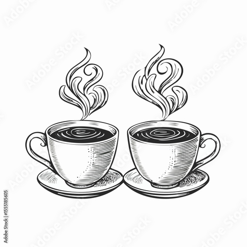 Two Cups Of Hot Steaming Coffee Image Vector Isolated on white background.