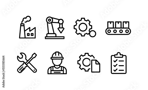 Industrial automation icons set featuring factory, robot arm, gear, conveyor, tools, worker, document, and checklist
