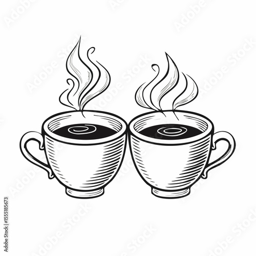 Two Cups Of Hot Steaming Coffee Image Vector Isolated on white background.